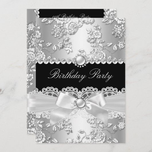 Invitation Fête d'anniversaire Noir Blanc Damas Rose Argent 2 (Devant / Derrière)