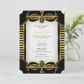 Invitation Fête d'anniversaire Noir Blanc Doré Rayure Art Déc (Debout devant)
