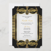 Invitation Fête d'anniversaire Noir Blanc Doré Rayure Art Déc (Devant)