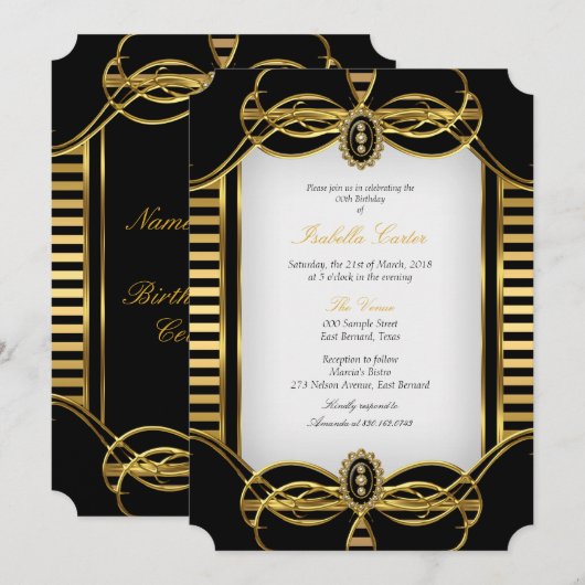 Invitation Fête d'anniversaire Noir Blanc Doré Rayure Art Déc (Devant / Derrière)