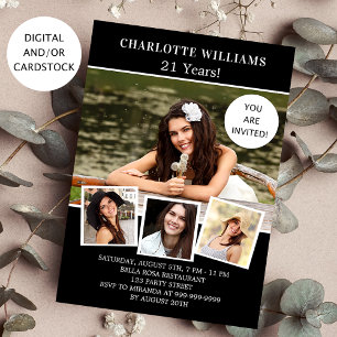 Invitation Fête d'anniversaire noir blanc photo collage