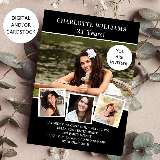 Invitation Fête d'anniversaire noir blanc photo collage