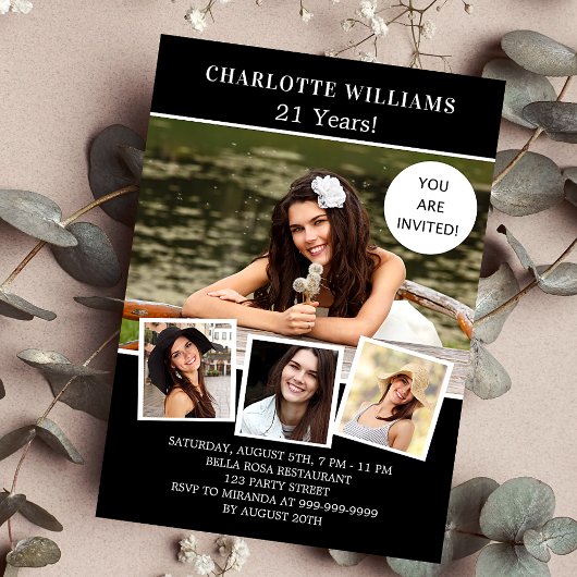 Invitation fête d'anniversaire noir blanc photo collage luxe