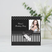 Invitation Fête d'anniversaire Noir Blanc Points Photo (Debout devant)