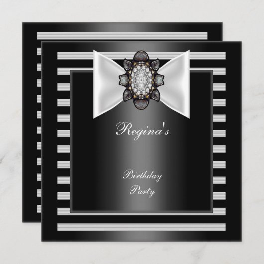 Invitation Fête d'anniversaire Noir Blancs Bande Bow (Devant / Derrière)