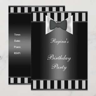 Invitation Fête d'anniversaire Noir Blancs Bande cravate Bow
