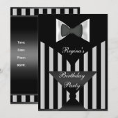 Invitation Fête d'anniversaire Noir Blancs Bande cravate Bow (Devant / Derrière)