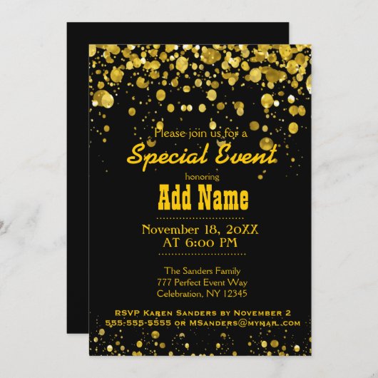 Invitation Fête d'anniversaire | Noir et or (Devant / Derrière)