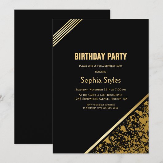 Invitation Fête d'anniversaire Noir et Or (Devant / Derrière)