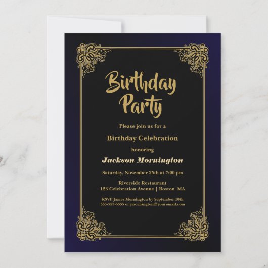 Invitation Fête d'anniversaire Noir et Or (Devant)