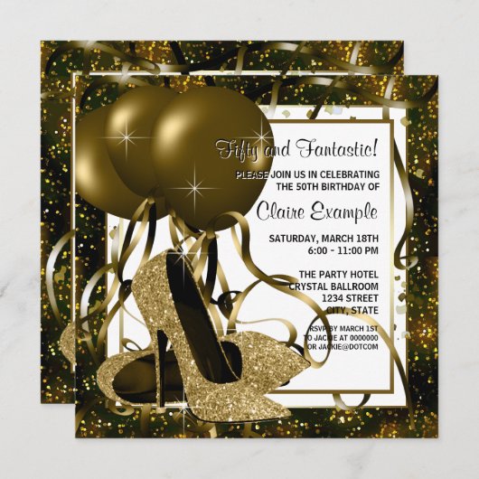 Invitation Fête d'anniversaire Noir et Or Haut talon (Devant / Derrière)