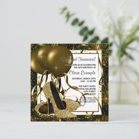 Invitation Fête d'anniversaire Noir et Or Haut talon (Debout devant)