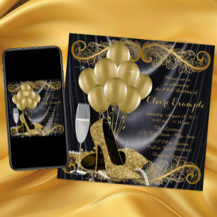 Invitation Fête d'anniversaire noir et or Hollywood Glamour