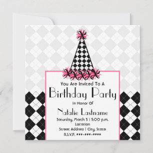 Invitation Fête d'anniversaire Noir et rose avec Casquette de
