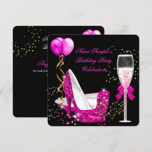Invitation Fête d'anniversaire noir et rose chaud avec paille