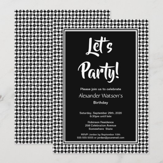 Invitation Fête d'anniversaire noir moderne (Devant / Derrière)