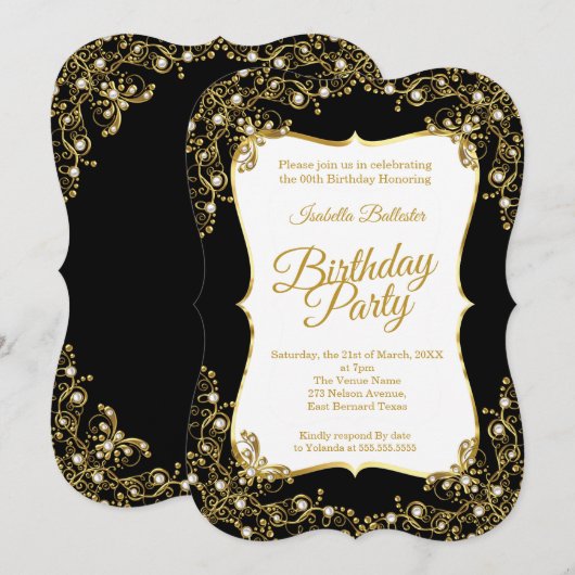 Invitation Fête d'anniversaire noir or blanc perles (Devant / Derrière)