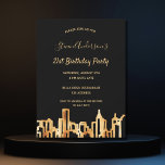 Invitation fête d'anniversaire noir or ville skyline<br><div class="desc">Une invitation à une soirée d'anniversaire élégante de 21e (ou de n'importe quel âge) pour lui, les gars ou les femmes. Un élégant arrière - plan noir avec un skyline de ville en faux or comme décoration. Le texte : Le nom est écrit avec un script de style en lettres...</div>