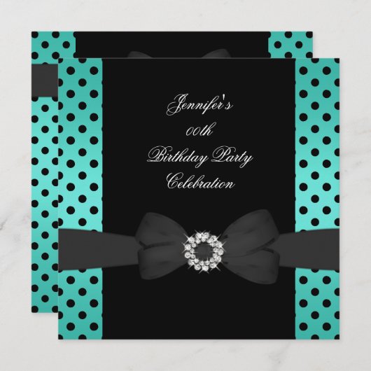 Invitation Fête d'anniversaire Noir Pois Turquoises Bow (Devant / Derrière)