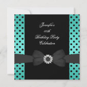 Invitation Fête d'anniversaire Noir Pois Turquoises Bow (Devant)