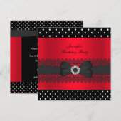Invitation Fête d'anniversaire Noir Rouge Points Bow (Devant / Derrière)