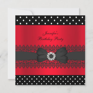 Invitation Fête d'anniversaire Noir Rouge Points Bow