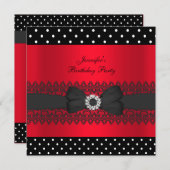 Invitation Fête d'anniversaire Noir Rouge Pois Bow (Devant / Derrière)