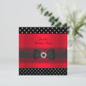 Invitation Fête d'anniversaire Noir Rouge Pois Bow (Debout devant)