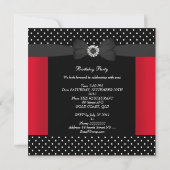 Invitation Fête d'anniversaire Noir Rouge Pois Bow (Dos)