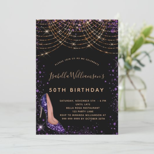 Invitation fête d'anniversaire noir violet or parties scintil (Debout devant)