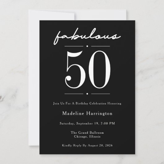 Invitation Fête d'anniversaire noire 50 ans et fabuleuse (Devant)
