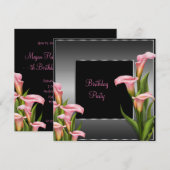 Invitation Fête d'anniversaire noire avec lys calla rose (Devant / Derrière)