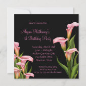 Invitation Fête d'anniversaire noire avec lys calla rose (Dos)