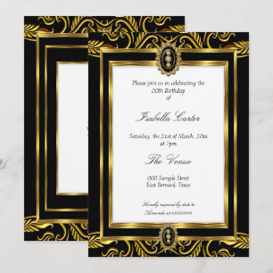 Invitation Fête d'anniversaire noire Baroque or bijou blanc