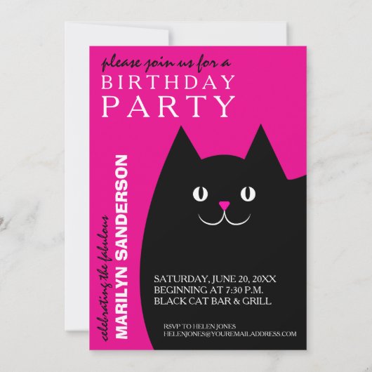 Invitation Fête d'anniversaire noire de chat de Kitty (Dos)