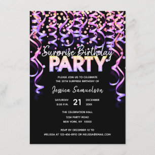 Invitation FÊTE D'ANNIVERSAIRE noire de SURPRISE de flammes