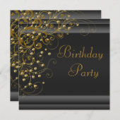 Invitation Fête d'anniversaire noire et or tourbillon perle d (Devant / Derrière)