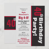 Invitation Fête d'anniversaire noire et quarantième de rouge (Devant / Derrière)