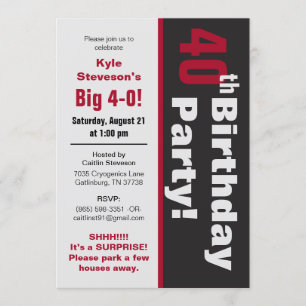 Invitation Fête d'anniversaire noire et quarantième de rouge