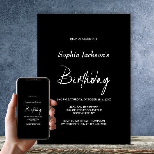 Invitation Fête d'anniversaire noire minimaliste