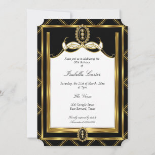 Invitation Fête d'anniversaire noire or Art déco bijou blanc