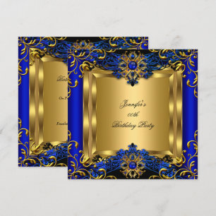 Invitation Fête d'anniversaire noire or bleu gemme royal élit