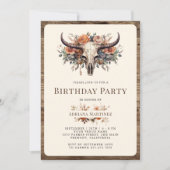 Invitation Fête d'anniversaire occidentale crâne de vache flo (Devant)