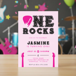 Invitation Fête d'anniversaire One Rocks médiator rose 1 an