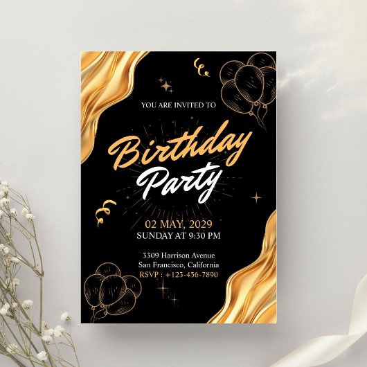Invitation Fête d'anniversaire Or et Noir