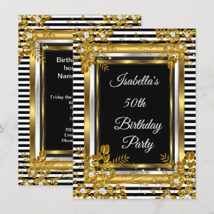 Invitation Fête d'anniversaire Or Noir Blanc Rayure Floral