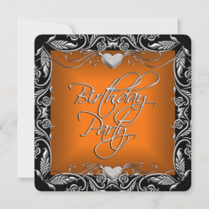 Invitation Fête d'anniversaire Orange Brûlé Argent Noir