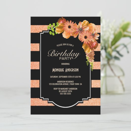 Invitation Fête d'anniversaire Orange rayé (Debout devant)