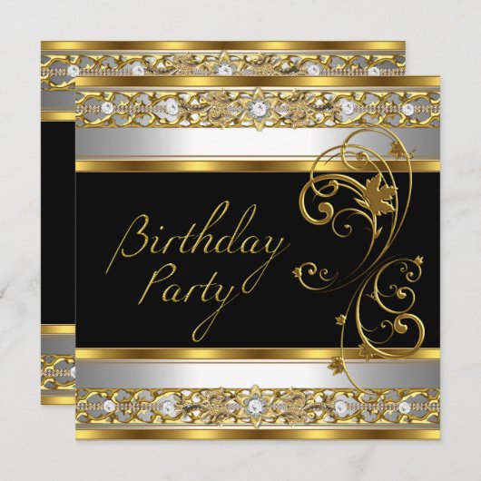 Invitation Fête d'anniversaire Ornat Black Gold White Image (Devant / Derrière)