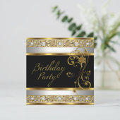 Invitation Fête d'anniversaire Ornat Black Gold White Image (Debout devant)